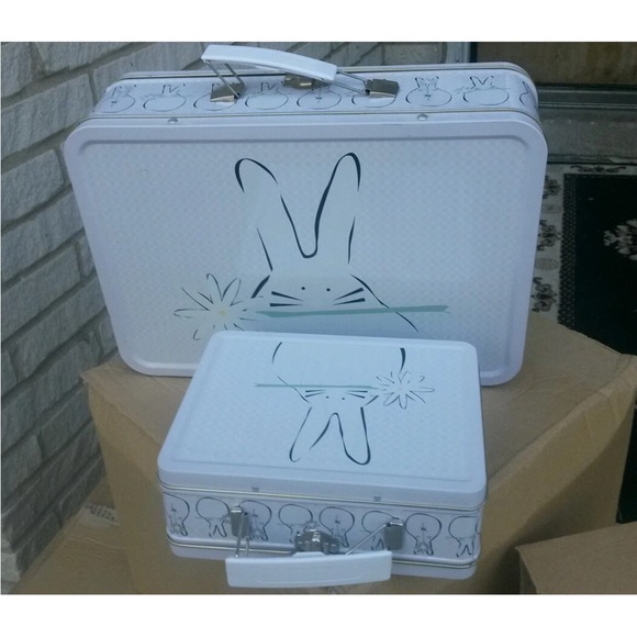 2pc White Bunny Print Metal Lunch Boxes rabbits design 1large 1small must see NW - Picture 2 of 16
